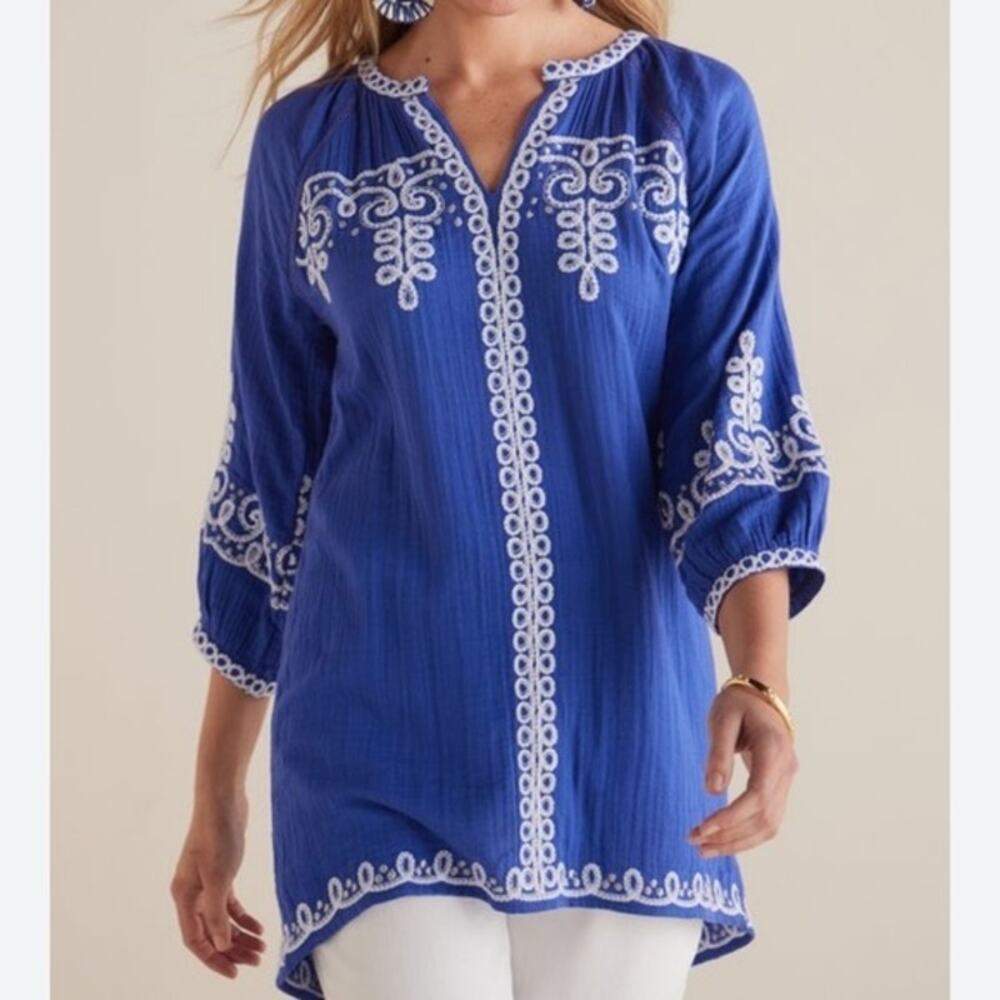 Soft Surroundings Cobalt Blue Embroidered Tunic with White Trim